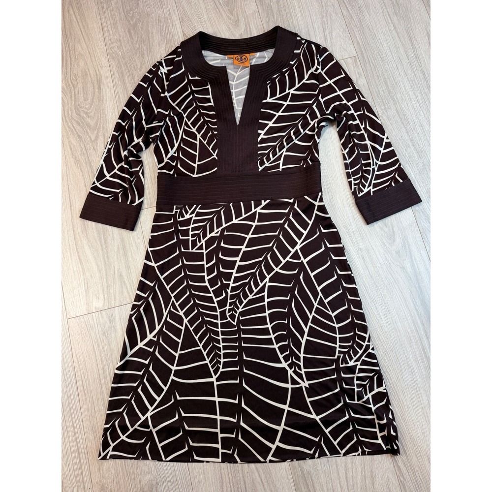 Tory Burch Silk Jersey Tunic Dress Brown White Leaf Print Split‎ V-Neck Size S